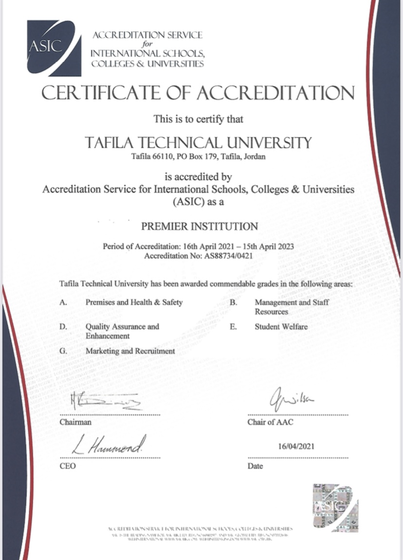 شهادة الإعتماد الدولي الكامل أسيك ASIC بمرتبة التميز لجامعة الطفيلة التقنية