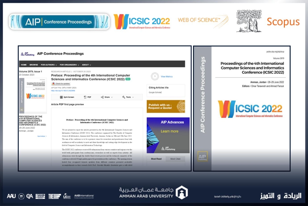 نشر كافة أبحاث المؤتمر الدولي الرابع لعلوم الحاسوب والمعلوماتية ICSIC 2022 المنعقد في عمان العربية في قواعد البيانات Scopus