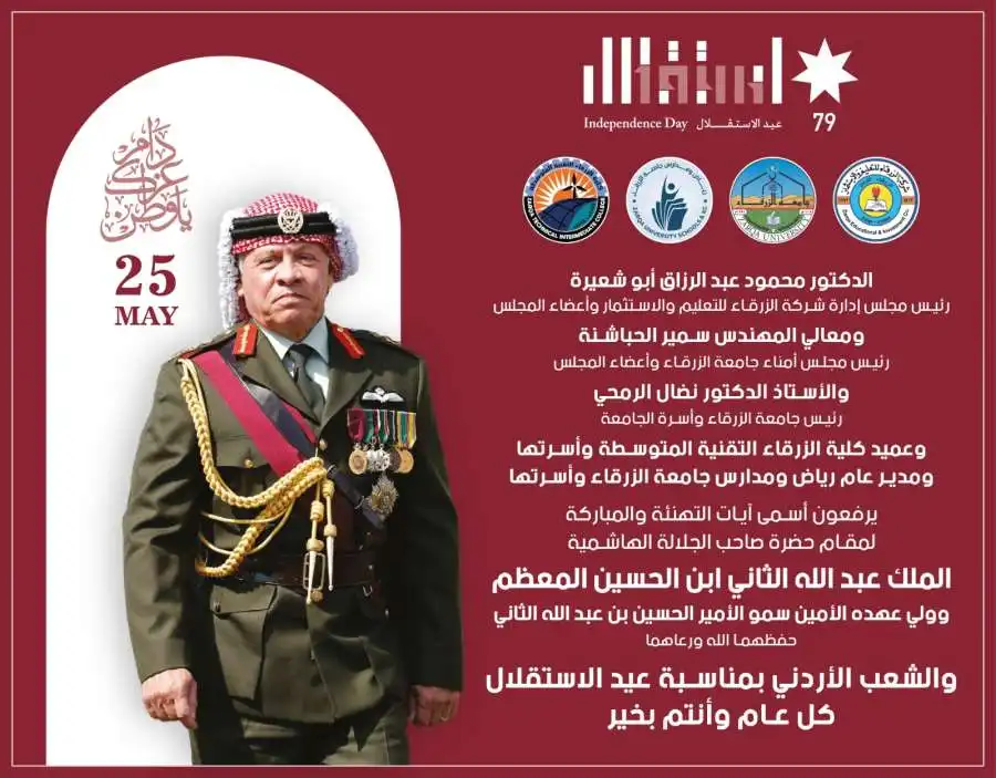 جامعة الزرقاء تهنئ الملك بعيد الاستقلال
