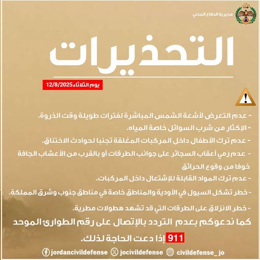 الدفاع المدني يوجه تحذيرات للأردنيين في ظل الأجواء الحارة التي تؤثر على المملكة