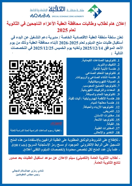 سلطة منطقة العقبة تعلن فتح باب التقديم لمنح الدبلوم للعام الدراسي 2025–2026