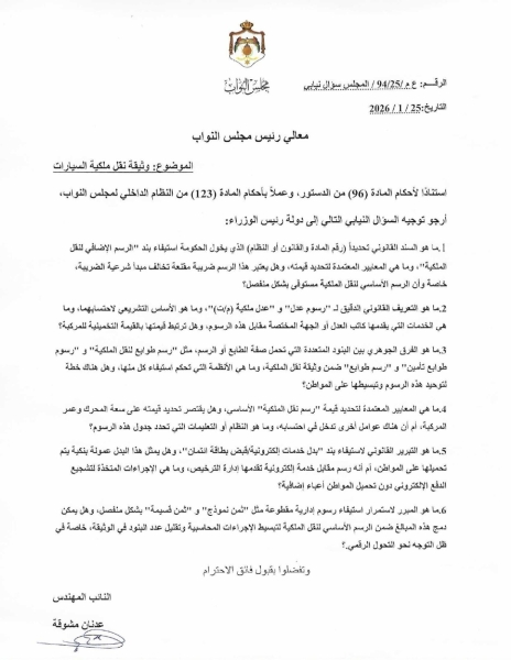 النائب مشوقة يوجّه سؤالاً نيابياً للحكومة حول السند القانوني لرسوم نقل ملكية المركبات