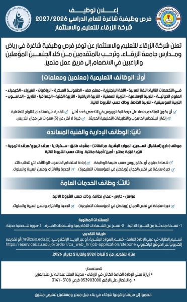 شركة الزرقاء للتعليم والاستثمار تعلن عن وظائف شاغرة