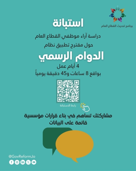 هيئة الخدمة والإدارة العامة تطلق استبانة لقياس آراء موظفي القطاع العام حول تنظيم أيام الدوام